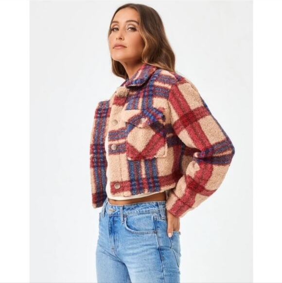 L*Space Big Sur Sherpa Cropped Jacket Shacket Plaid Multicolor Women's Small - Picture 2 of 6